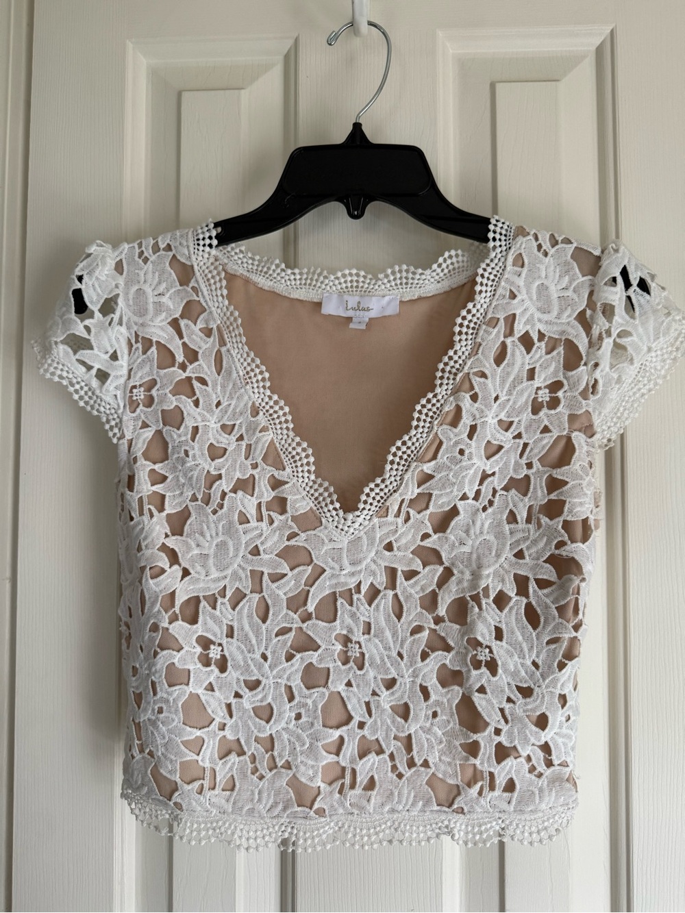Lulu's White Floral Lace V-Neck Overlay Top with Nude Lining